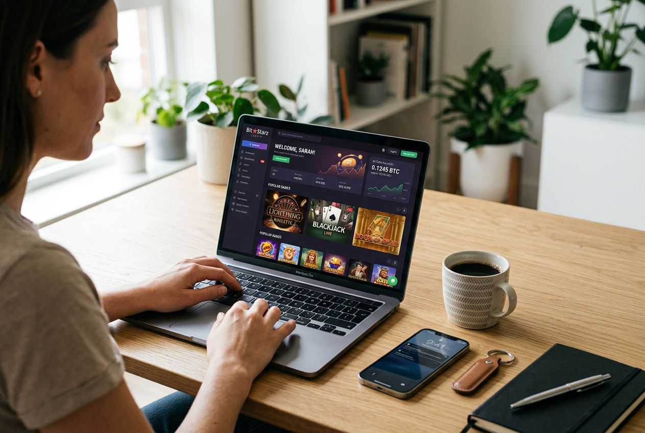 A laptop displaying a cryptocurrency casino website with a digital wallet extension visible.